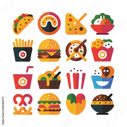 Flat design icons of popular fast food and snack items Keywords: fast food, food icons, flat