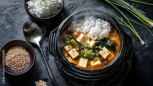 A harmonious set of a steaming bowl of white rice and a rustic earthen bowl of doenjang-guk, fermented soybean paste soup with tofu, zucchini, and green onion 