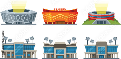 Schilderij op canvas Sports stadium and soccer arena building illustration set featuring modern archi