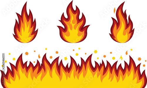 Cuadro en lienzo Cartoon fire flame illustration set with separate bonfire elements and horizonta