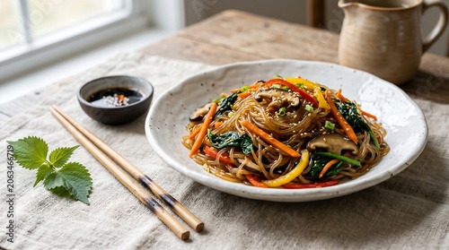 A blue and white porcelain bowl of naengmyeon,  thin buckwheat noodles in translucent amber chilled broth