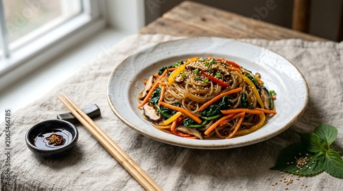 A blue and white porcelain bowl of naengmyeon,  thin buckwheat noodles in translucent amber chilled broth