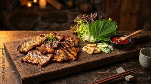 A dark oak wooden board featuring thin slices of caramelized, slightly smoky marinated grilled beef bulgogi