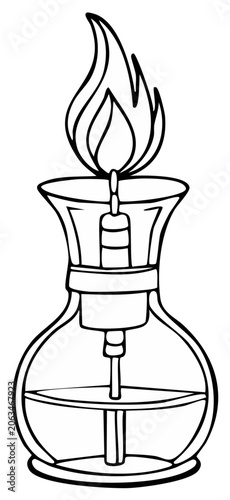 Alcohol lamp illustration, burning flame, glass container, science, lab equipment.