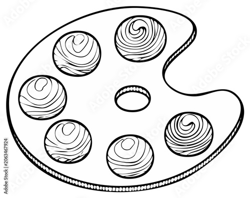 Artist's Paint Palette with Circular Wells for Colors - Black and White Illustration