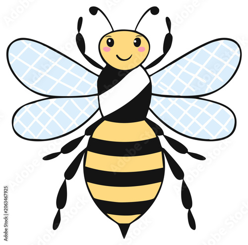 Cartoon Bee Illustration Cute and Smiling with Wings Showing Up Close
