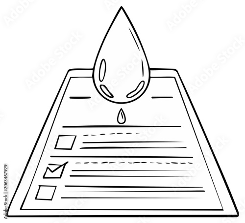 Water droplet falling onto checklist with checkmark indicating completion of task