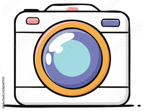 Hand drawn illustration of a simple cartoon camera with a large lens and pink and purple accents