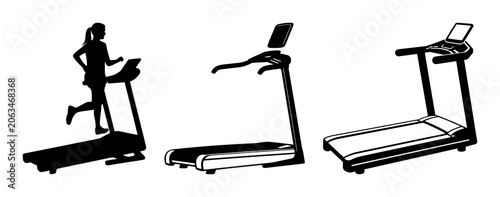 Solid black icon, white background: cardio treadmill machine set with simple line art design featuring line art, illustrations, graphic resources with vector and design elements