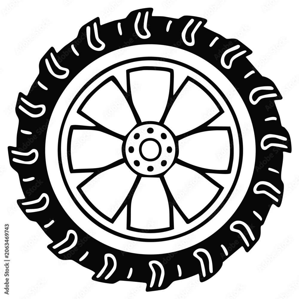Obraz premium Outline Illustration of a Tractor Tire with Bold Tread Pattern and Central Rim