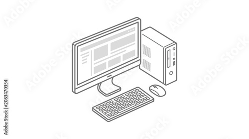 Isometric desktop computer workstation with tower monitor and keyboard.