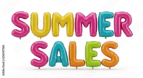 Summer sales text made of colorful balloon letters isolated on white background