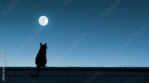 Silhouette of cat on rooftop under full moon at night