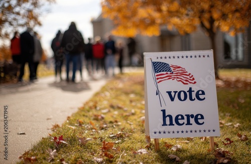 Vote here sign stands on the grass with a blurred line of voters waiting outside a polling station during autumn elections