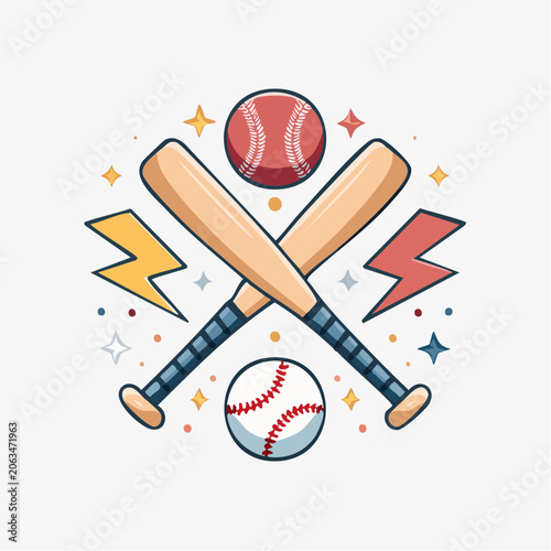 Baseball Bats and Balls with Lightning Bolts and Stars
