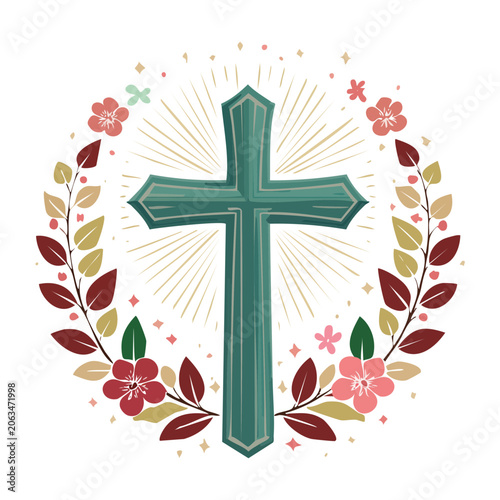 Christian cross with floral wreath and sunburst