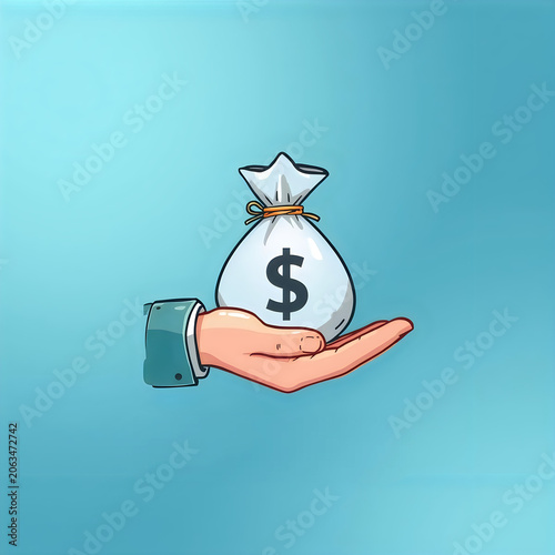 Business Concept of Money and Wealth Growth with Hand Holding a Bag of Dollar on Blue Background