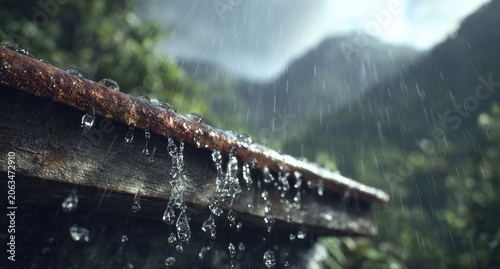 Raindrops on Roof in Lush Green Landscape.