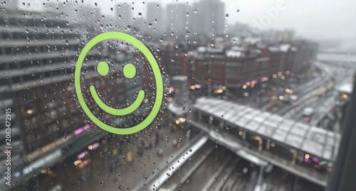 Rainy City View with Smiley Face.