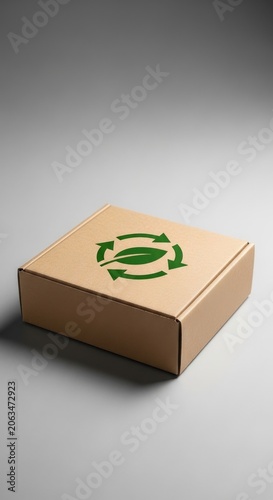 Recyclable cardboard box with green recycling symbol.