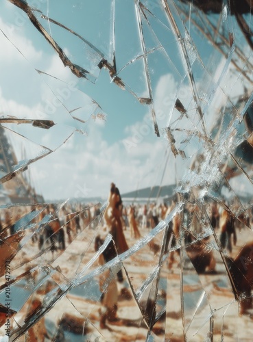 Shattered View of a Crowded Beach Scene.