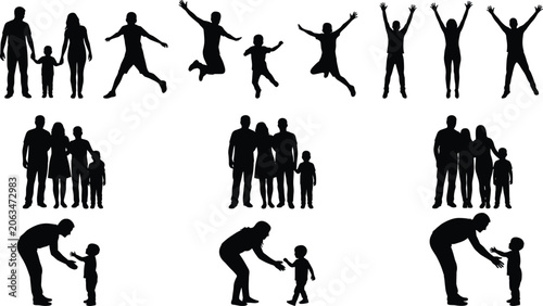 Schilderij op canvas Happy family silhouettes set featuring parents, children, jumping kids, and supp