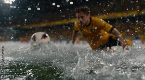 Soccer Player Splashing Through Water on a Flooded Field.