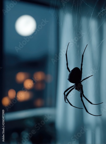 Spider Silhouette Against Moonlit Night.