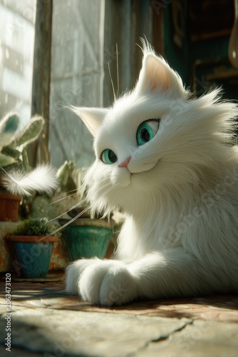 White Cat Relaxing by the Window.
