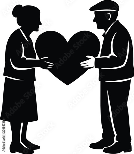 Black Silhouette Vector of Elderly Couple Holding Heart – Minimalist Artwork Symbolizing Love, Companionship, and Affection for Logos, Tattoos, Decorative Graphics, and Modern Branding Concepts