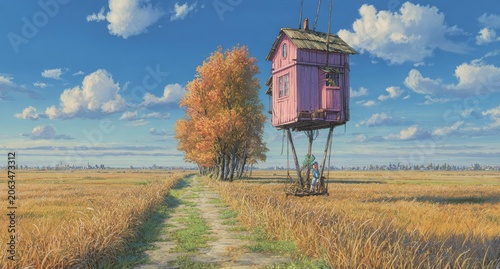 Pink floating house in a golden field