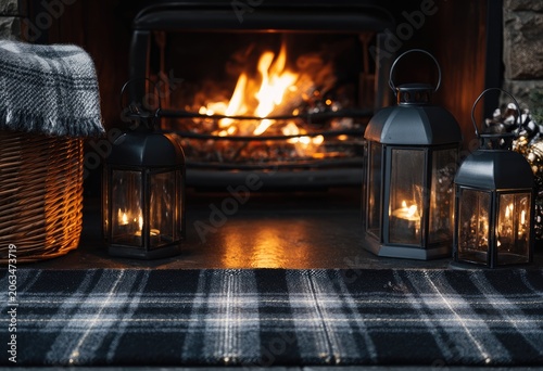 Cozy fireplace scene with lanterns and plaid rug