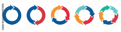 A set of five circular arrow icons in different shades of blue on a white background