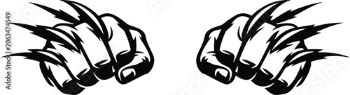 Black and White Clenched Fist Silhouette Vector with Claw Marks – Bold Symmetrical Artwork Symbolizing Strength, Combat, and Resilience for Logos, Tattoos, Decorative Graphics, and Branding Concepts