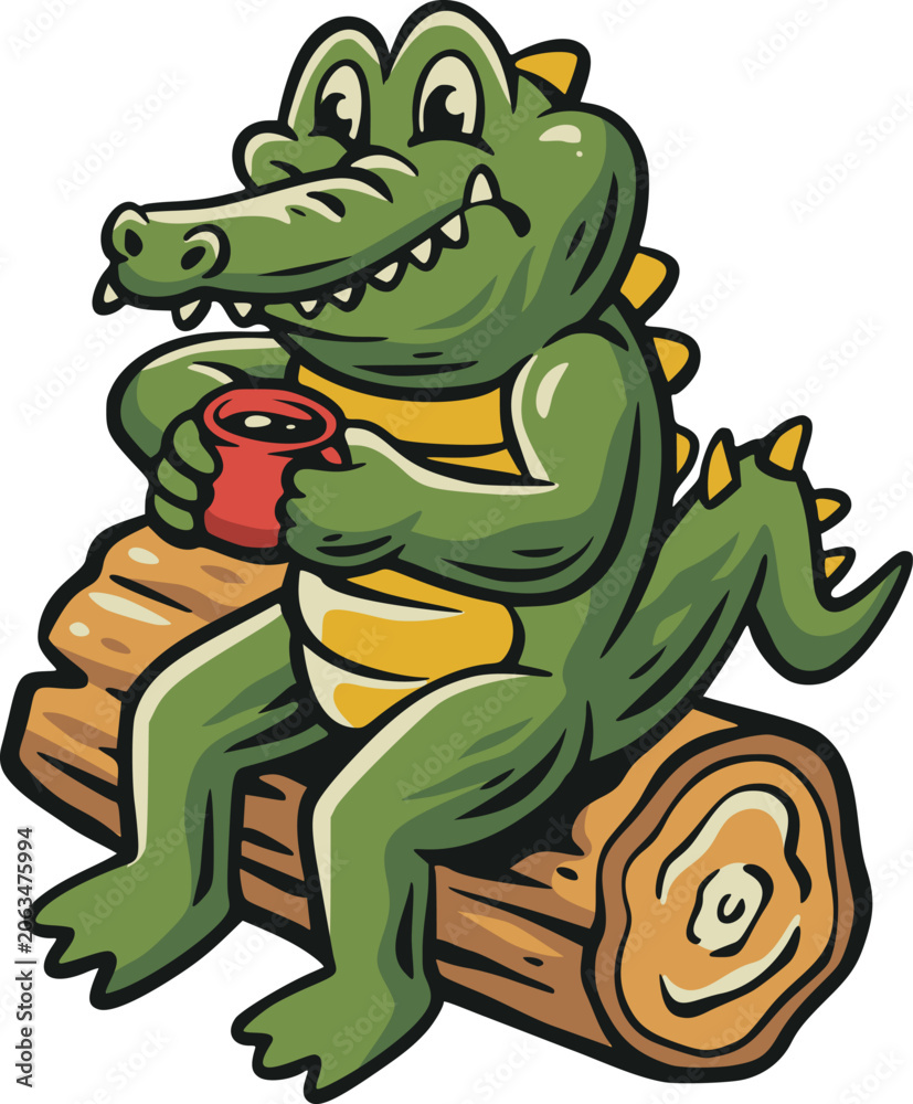 Obraz premium Cartoon vector illustration of a cheerful crocodile sitting on a wooden log and holding a red whistle, isolated on a white background for sports mascot themes