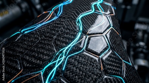 Carbon fiber texture featuring glowing blue digital circuit patterns.