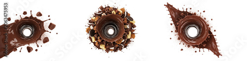 Liquid chocolate splash and swirl with cookie pieces on black background