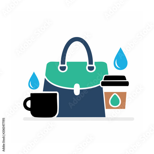Flat design handbag with coffee cups and water droplets