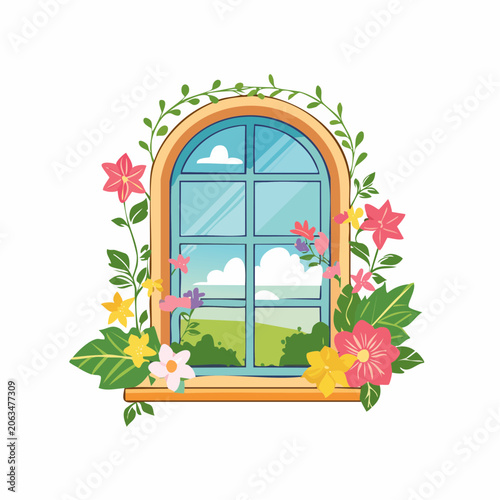Window with Flowers and Spring Landscape