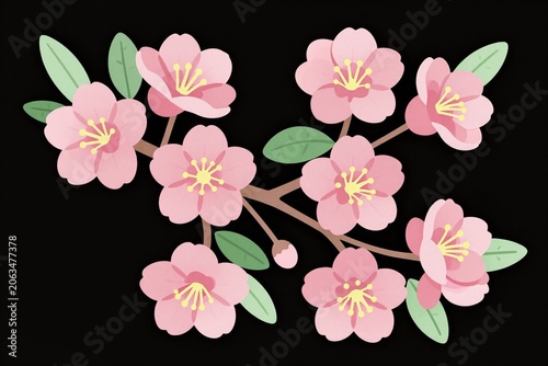 A branch with pink flowers and green leaves