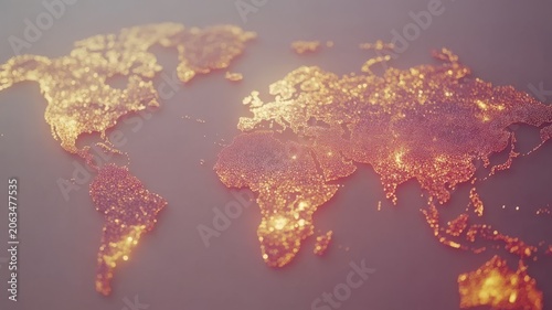 Abstract golden glittering world map silhouette on dark background for global business concept illustration.