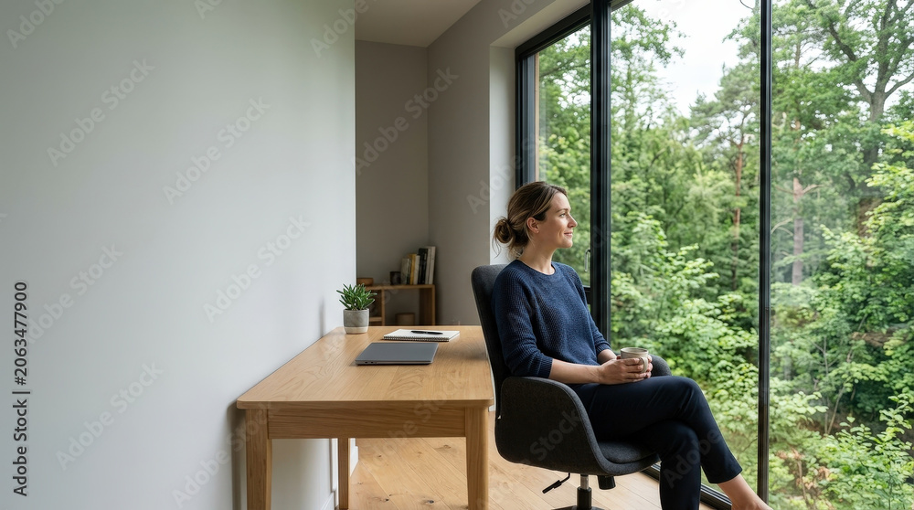Fototapeta premium Woman home office window chair desk laptop coffee forest green natural light remote work work from home productivity career quality of life
