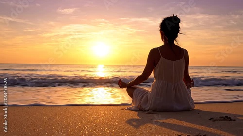 Serene woman meditating on a beach at sunset with warm, golden light reflecting on the water and sand.