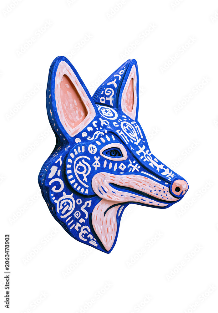 Fototapeta premium Blue patterned wooden fox figurine on transparent background