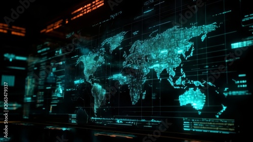 Futuristic digital world map display with glowing data interface and network technology visualization background concept.