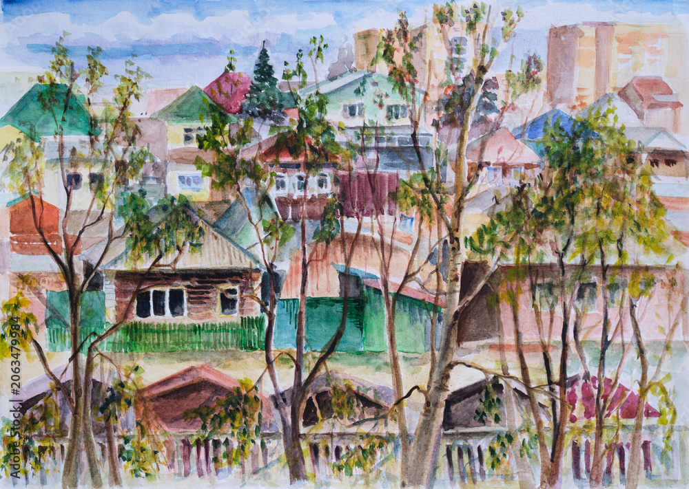 Obraz premium A watercolor picture of one-story Novosibirsk. Russia