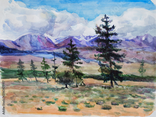 A watercolor landscape depicting the Kuray steppe with a mountain range in the background