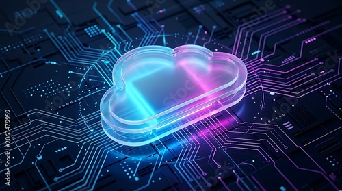 Digital cloud concept with glowing neon circuit board lines representing data flow and technology networks.