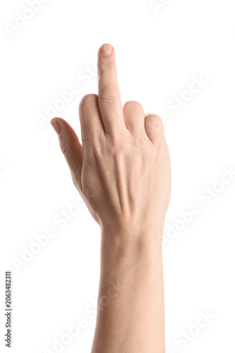 Human hand showing middle finger gesture, disrespectful and offensive communication, isolated on a clean white background