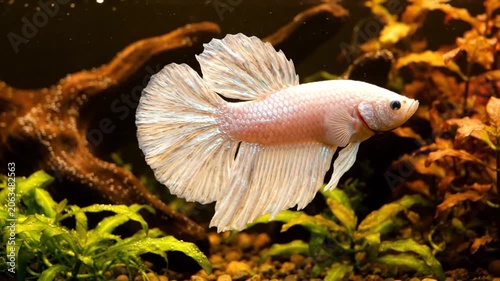 White betta fish swimming in aquarium.